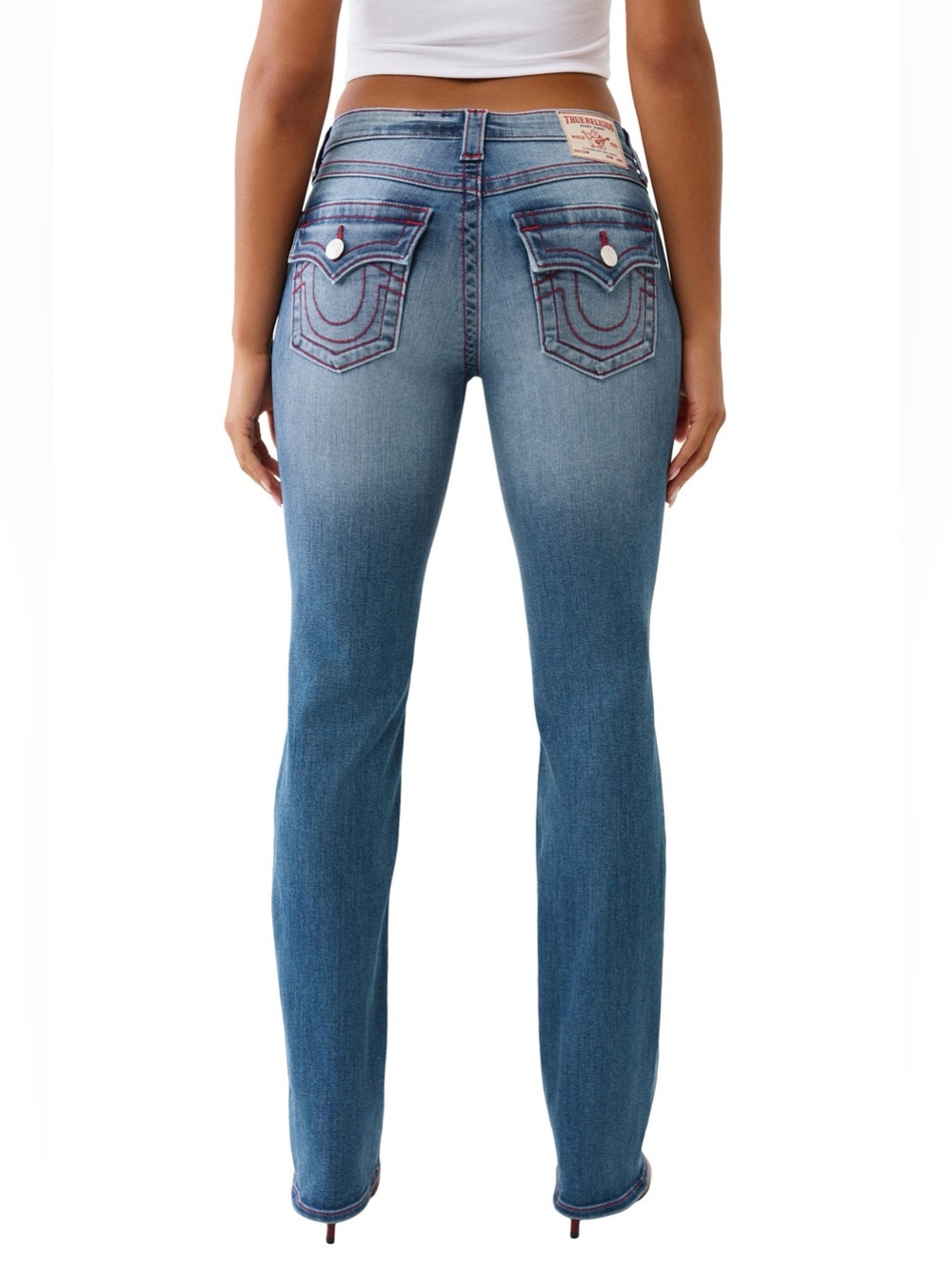 True Religion Billie Mid Rise Straight Jeans Red Stitch Flap Pockets Size 25